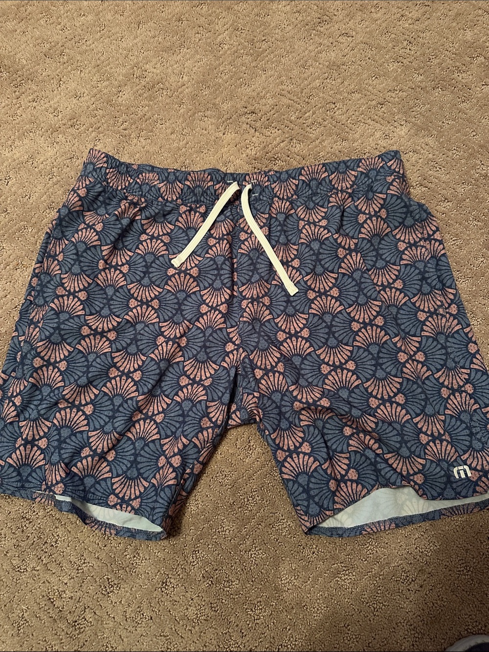 Travis Mathew Blue & Pink Patterned Board Shorts with Drawstring